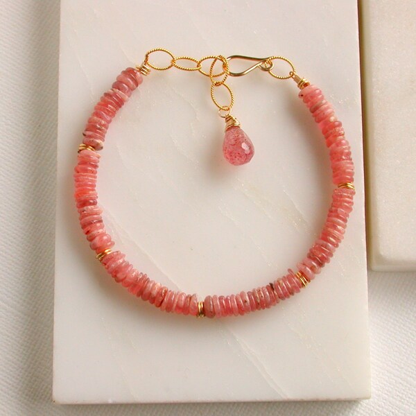 Rhodochrosite Gemstone Bracelet. Pink Gemstone Bracelet. Pink Stone Strand Bracelet.