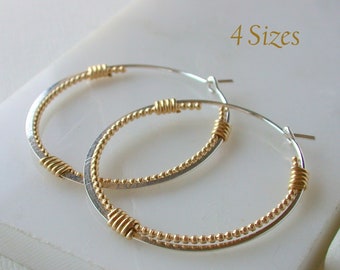 Fancy Double Round Hoop Earrings. Three Sizes. Gold fill and Sterling Double Hoops. Classic Hoop Earrings. Mixed Metal Hoop earrings.