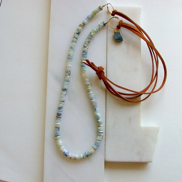 Mexican Blue Opal Statement Necklace. Boho Blue Opal and Leather Necklace. Long Gemstone Necklace.