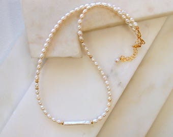 Bridal, Wedding Pearl Strand Necklace with Biwa Pearl Bar