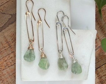 Mother’s Day Sale! Raw Green Kyanite Nugget Earrings, Sterling Silver/Gold Fill Paperclip Links