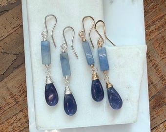 Iolite Blue Adventurine Gemstone Earrings, Sterling Silver, 14k Gold Fill (2 inch)