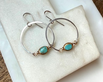 Small Turquoise Cabochon Hoop Earrings: 14k Gold Fill or Sterling Silver