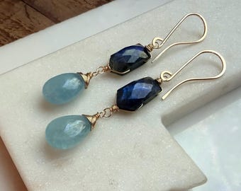 OOAK. Blue Flash Labradorite and Aquamarine Statement Gemstone Earrings.
