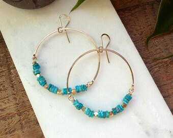 Turquoise and Gold Boho Hoop Earrings