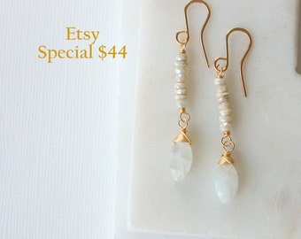 Winter White Moonstone Earrings. Linear Drop Gemstone Earrings. Moonstone And Jade Earrings.