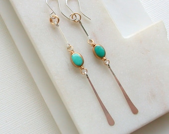 Swinging Turquoise Linear Earrings. Mixed Metal Turquoise Earrings. Silver and Turquoise Earrings. Long and Slender Earrings