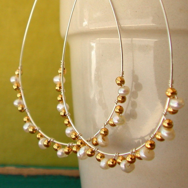 Teardrop Hoops. Sterling silver, 14k goldfill and pearls. Wire wrapped.