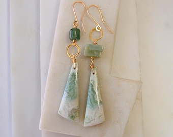 OOAK. Green Lace Agate Mismatched Statement Earrings