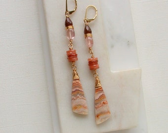 OOAK. One of a Kind. Gemstone Statement Earrings. Fancy Agate with Moonstone and Morganite.