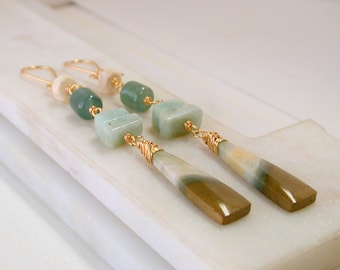 OOAK. One of a Kind Polychrome Jasper, Aquamarine and Jade Earrings.