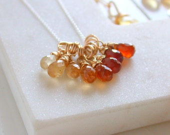 Ombre Hessonite Garnet Charm Necklace. Red Ombre Necklace. Statement Holiday Necklace. Mixed Metal Gemstone Necklace. Gifts for Her.