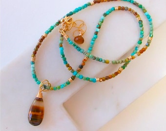 Turquoise Strand and Tigers Eye Pendant Necklace.