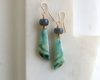 OOAK.  Petrified Wood Gemstone Earrings. Blue Petrified Wood Statement Earrings. One of A Kind Earrings.