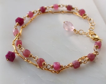 Sapphire and Ruby Valentine Bracelet. Gemstone Valentine Bracelet. Two Strand Gemstone Bracelet. Gold Ruby Bracelet.