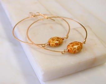 Large Gold Hoop Earrings with Natural Sponge Coral – 14k Gold Fill