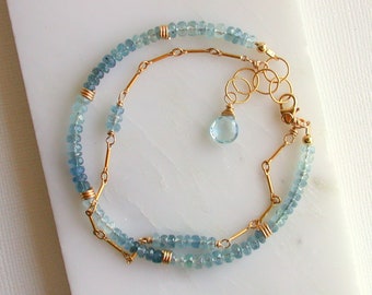 Moss Aquamarine Ombre Bracelet. Blue Ombre Gemstone Bracelet. March Birthstone Bracelet. Double Strand Gemstone Bracelet