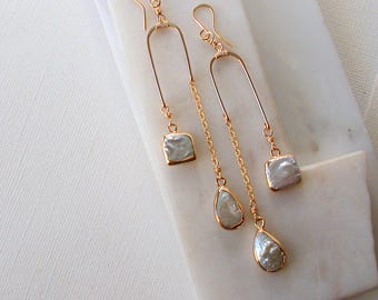 Keshi Pearl Balancing Act Earrings. Modern Pearl Earrings. Gold fill White Pearl Earrings.