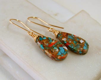 Oyster Turquoise Dangle and Drop Earrings. 14k gold fill.