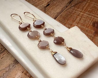 Chocolate Moonstone Linear Drop Earrings
