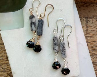 Jasper and Onyx Earrings. Black Gemstone Earrings.