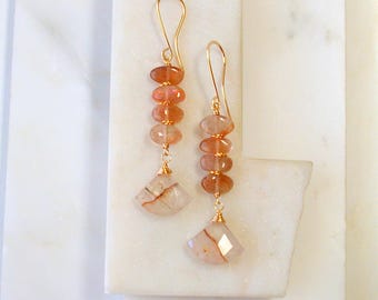 Rutilated Quartz and Sunstone Fan Gemstone Earrings.