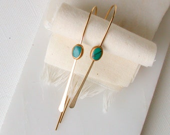 Turquoise Cabochon Threader Earring Hoops. Minimalist Threader Earrings. Turquoise Threader Earrings. Beach Summertime Earrings.