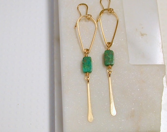 Turquoise Teardrop Earrings. Artisan Turquoise Jewelry. Gold fill.