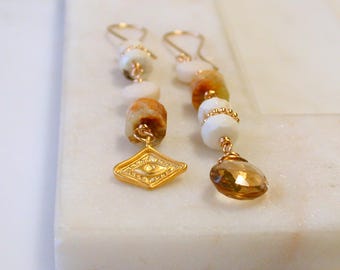 Limited Edition.  Unique Gemstone Mismatched Earrings. Citrine, White Jade, and Jasper. Evil Eye Charm.