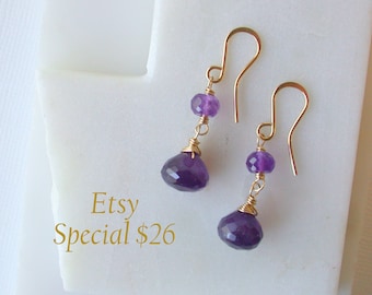 Amethyst Drop Earrings. Gold fill and Amethyst Earrings.  Amethyst Gemstone Earrings. Purple Gemstone. February Gemstone Earrings.