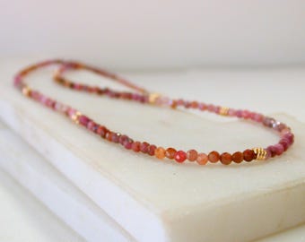 Beaded Ombre Ruby Gemstone Necklace. Beaded Layering Necklace.