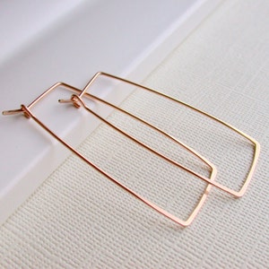 Rectangle Hoop Earrings. Available in sterling, gold fill, and rose gold. Rectangle Hoops. Geometric Rectangle Hoop Earrings. Minimalist