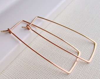 Rectangle Hoop Earrings. Available in sterling, gold fill, and rose gold. Rectangle Hoops. Geometric Rectangle Hoop Earrings. Minimalist