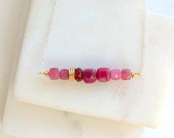 Mom Day Sale! Ruby and Sapphire Bar Necklace. Ruby Gemstone Bar Necklace. July Birthstone Gemstone Necklace.