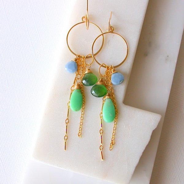 Gemstone Statement Chrysoprase Cluster Earrings. Green and Blue Gemstone Earrings. Mexican Blue Opal Earrings.