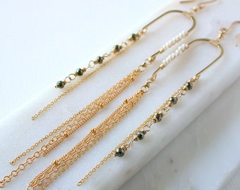 SALE! Balancing Act. Pyrite and Pearl Statement Earrings.. Long Pearl Earrings. Long Sexy Earrings. Long Modern Earrings.