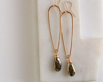 Long Slender Pyrite Teardrop Earrings. Pyrite and Gold fill Earrings. Pyrite Teardrop Earrings. Gold Pyrite Dangle Earrings