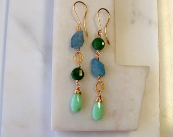 Mixed Gemstone Long Statement Earrings. Chrysoprase, Aquamarine, Jade. Limited Edition Collection.