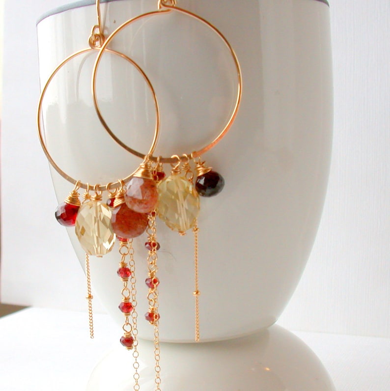 Statement Earrings Gemstone Hoops Hoop Earrings Gemstone Hoops Sunstone Gypsy Hoops Gemstone Cascade Earrings Citrine Hoops Boho Earrings