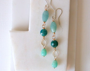 Oceanic Linear Gemstone Earrings. Blur Green Gemstone Earrings. Aquamarine Earrings.  Apatite Earrings. Long Slender Gemstone Earrings.