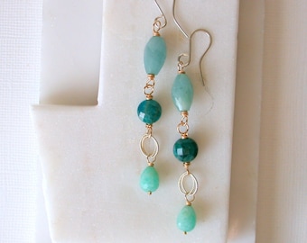 Oceanic Linear Gemstone Earrings. Blur Green Gemstone Earrings. Aquamarine Earrings.  Apatite Earrings. Long Slender Gemstone Earrings.