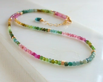 Stunning Tourmaline Gemstone Strand Necklace. Multi Colored Tourmaline Necklace.  Tourmaline Cube Necklace. Gemstone Statement Necklace.