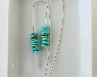 Turquoise Stack Threader Earrings. Organic Shaped Turquoise Disc Stone Earrings. Boho Turquoise Earrings. Summer Turquoise Earrings.