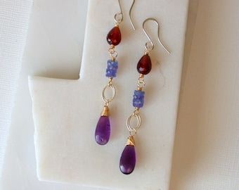 Royal Linear Gemstone Earrings. Garnet, Amethyst and Tanzanite Earrings. Holiday Gemstone Earrings.