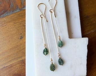 Slender Balancing Act Earrings. Carved Jade Leaf Earrings.