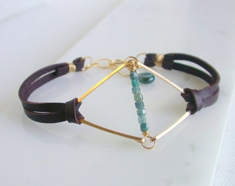 Blue Tourmaline Diamond and Leather Bracelet