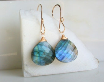 Large Statement Labradorite and Gold fill Earrings. Blue Flash Labradorite Statement Earrings. Gold and Labradorite Earrings. Fancy Ear Wire