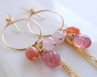 Sunstone Gemstone Earrings. Sunset Cluster Gemstone Earrings. Pink Gemstone. Gemstone Cluster Earrings.  Gold fill, Sterling or Rose.