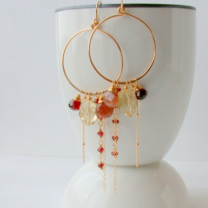 Statement Earrings Gemstone Hoops Hoop Earrings Gemstone Hoops Sunstone Gypsy Hoops Gemstone Cascade Earrings Citrine Hoops Boho Earrings