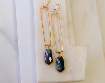 OOAK. Statement Blue Flash Labradorite Gemstone Earrings: Gold Fill